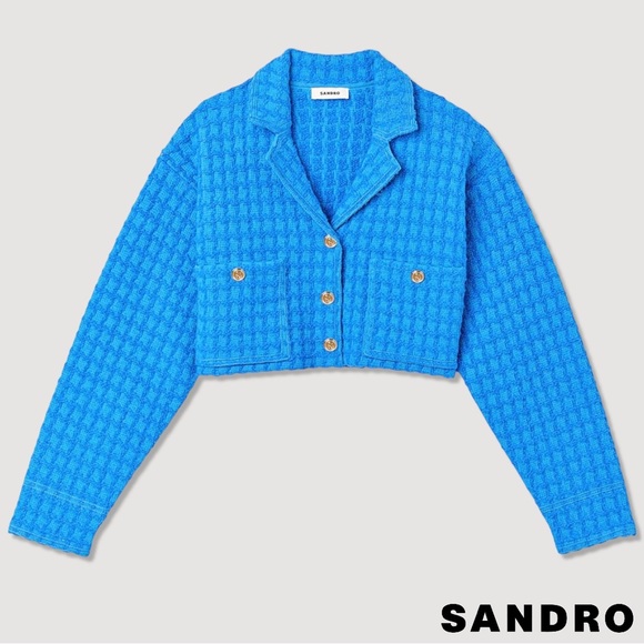 SANDRO Astier Cropped Tweed Coatigan in Electric Blue - Picture 2 of 12